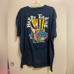 Happy Ending Mens Graphic Tee T Shirt 4XL 54” Pinup Girl Motorcycle Navy Blue